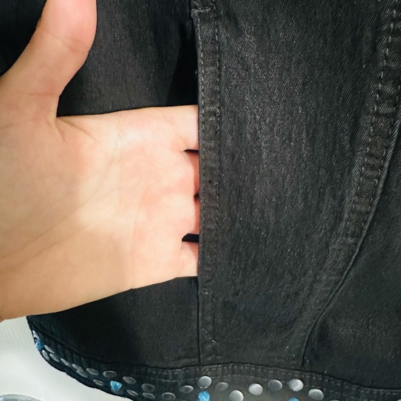 DG2 Diane Gilman Jean Jacket Women XL 3/4 Slv Studded Turquoise Rhinestone Black - Picture 5 of 6